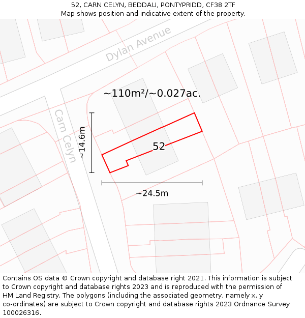 52, CARN CELYN, BEDDAU, PONTYPRIDD, CF38 2TF: Plot and title map