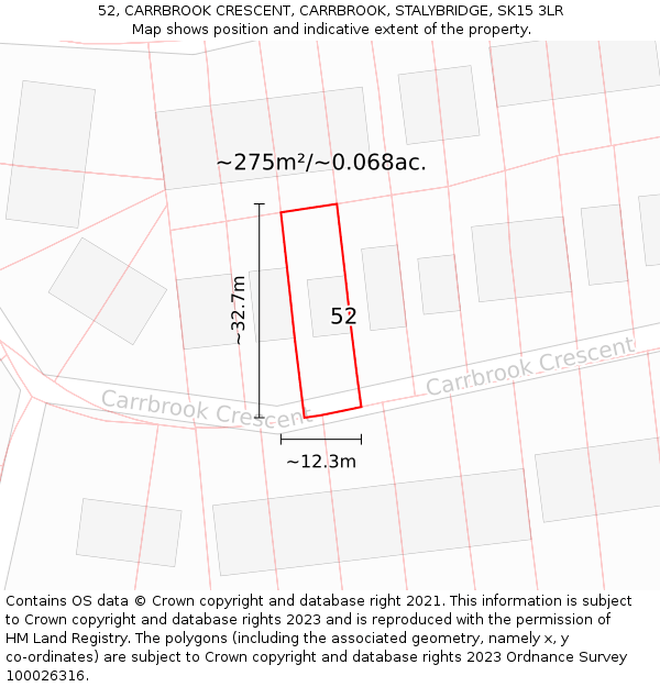 52, CARRBROOK CRESCENT, CARRBROOK, STALYBRIDGE, SK15 3LR: Plot and title map