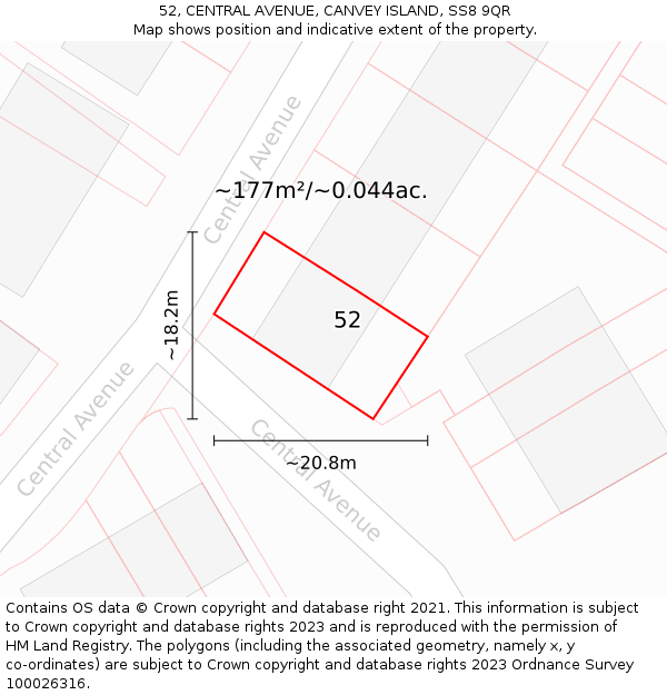 52, CENTRAL AVENUE, CANVEY ISLAND, SS8 9QR: Plot and title map