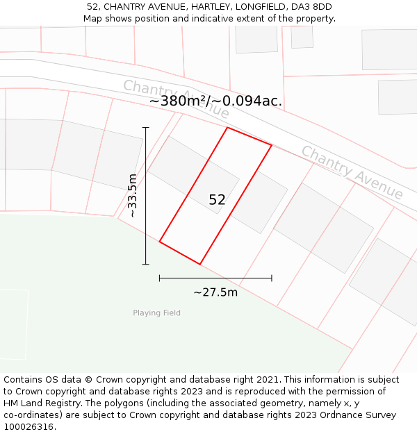 52, CHANTRY AVENUE, HARTLEY, LONGFIELD, DA3 8DD: Plot and title map