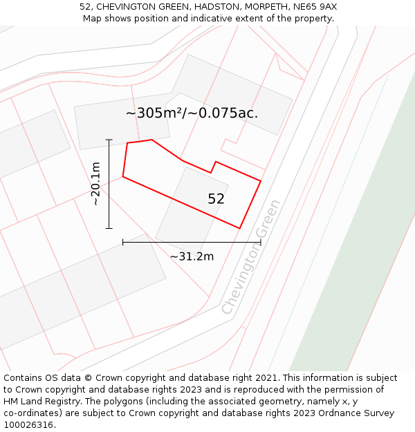 52, CHEVINGTON GREEN, HADSTON, MORPETH, NE65 9AX: Plot and title map