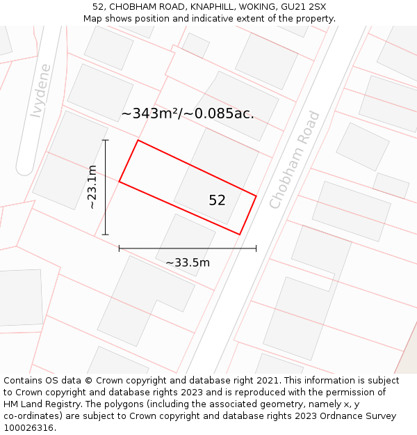 52, CHOBHAM ROAD, KNAPHILL, WOKING, GU21 2SX: Plot and title map