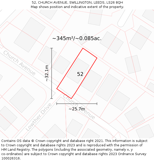 52, CHURCH AVENUE, SWILLINGTON, LEEDS, LS26 8QH: Plot and title map