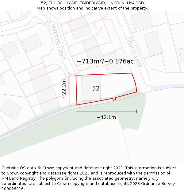 52, CHURCH LANE, TIMBERLAND, LINCOLN, LN4 3SB: Plot and title map
