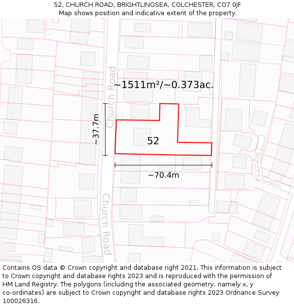 52, CHURCH ROAD, BRIGHTLINGSEA, COLCHESTER, CO7 0JF: Plot and title map