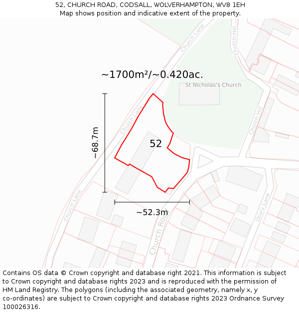 52, CHURCH ROAD, CODSALL, WOLVERHAMPTON, WV8 1EH: Plot and title map