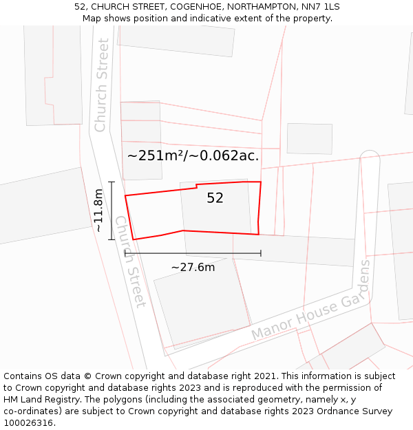 52, CHURCH STREET, COGENHOE, NORTHAMPTON, NN7 1LS: Plot and title map