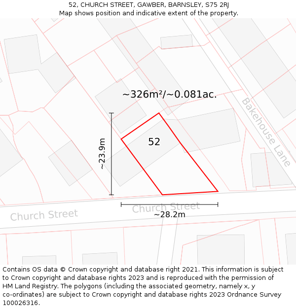 52, CHURCH STREET, GAWBER, BARNSLEY, S75 2RJ: Plot and title map