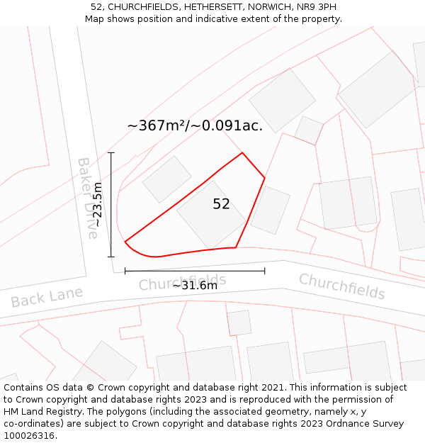 52, CHURCHFIELDS, HETHERSETT, NORWICH, NR9 3PH: Plot and title map