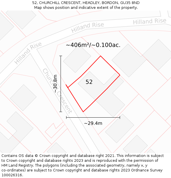 52, CHURCHILL CRESCENT, HEADLEY, BORDON, GU35 8ND: Plot and title map