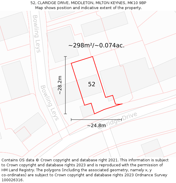 52, CLARIDGE DRIVE, MIDDLETON, MILTON KEYNES, MK10 9BP: Plot and title map