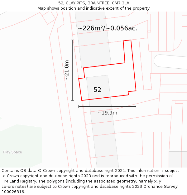 52, CLAY PITS, BRAINTREE, CM7 3LA: Plot and title map