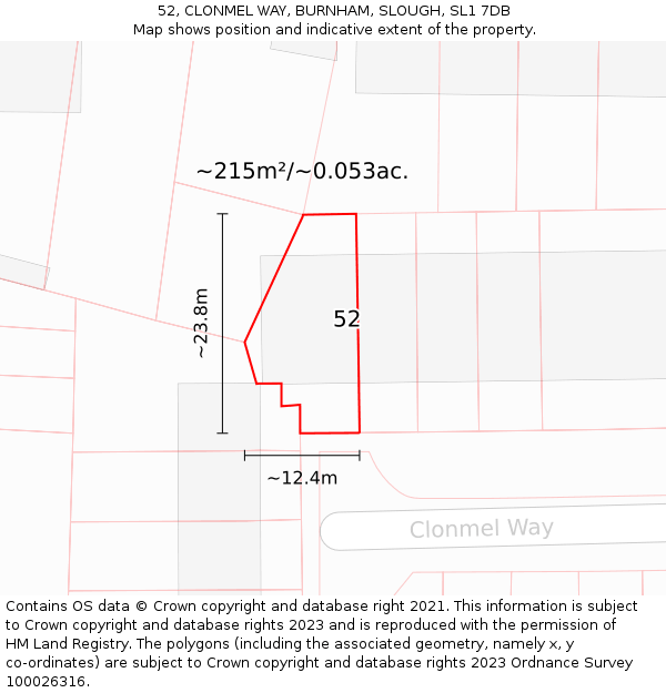 52, CLONMEL WAY, BURNHAM, SLOUGH, SL1 7DB: Plot and title map