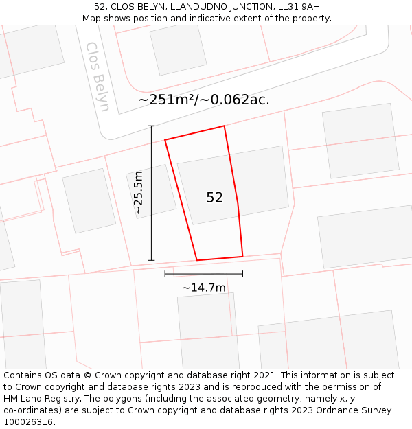 52, CLOS BELYN, LLANDUDNO JUNCTION, LL31 9AH: Plot and title map