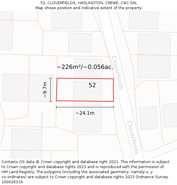 52, CLOVERFIELDS, HASLINGTON, CREWE, CW1 5AL: Plot and title map