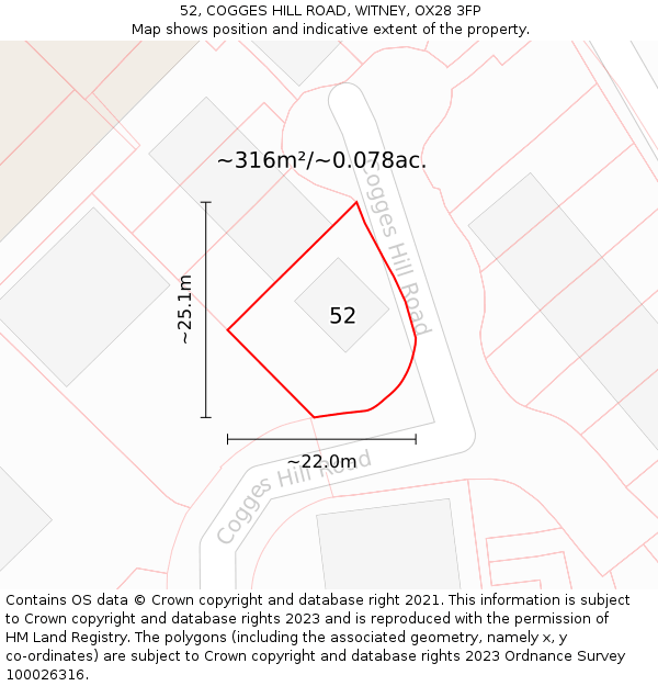52, COGGES HILL ROAD, WITNEY, OX28 3FP: Plot and title map