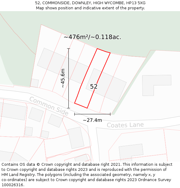 52, COMMONSIDE, DOWNLEY, HIGH WYCOMBE, HP13 5XG: Plot and title map