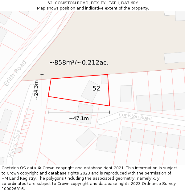 52, CONISTON ROAD, BEXLEYHEATH, DA7 6PY: Plot and title map