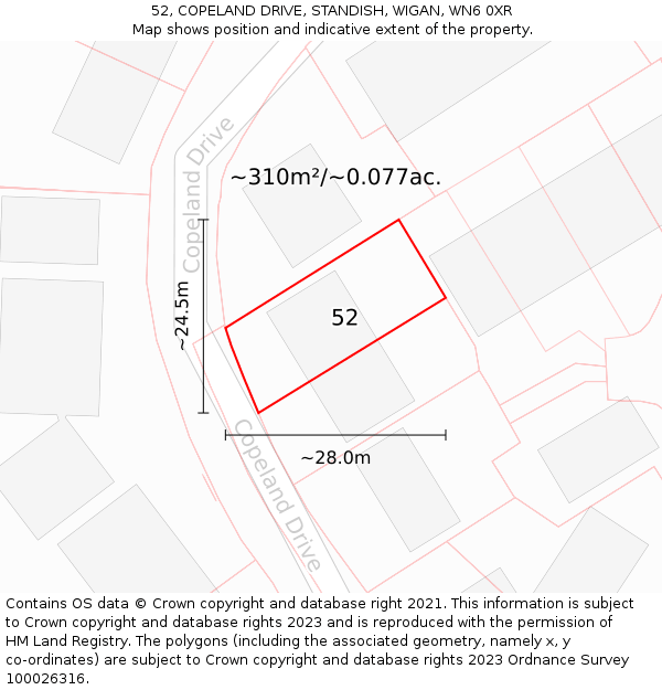 52, COPELAND DRIVE, STANDISH, WIGAN, WN6 0XR: Plot and title map