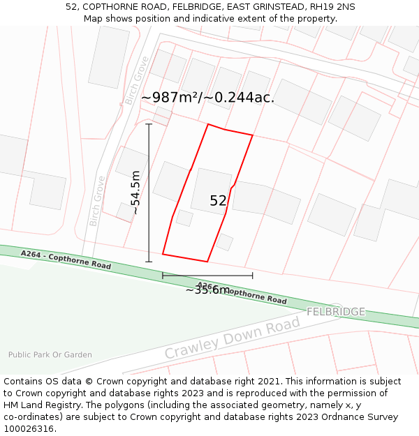 52, COPTHORNE ROAD, FELBRIDGE, EAST GRINSTEAD, RH19 2NS: Plot and title map