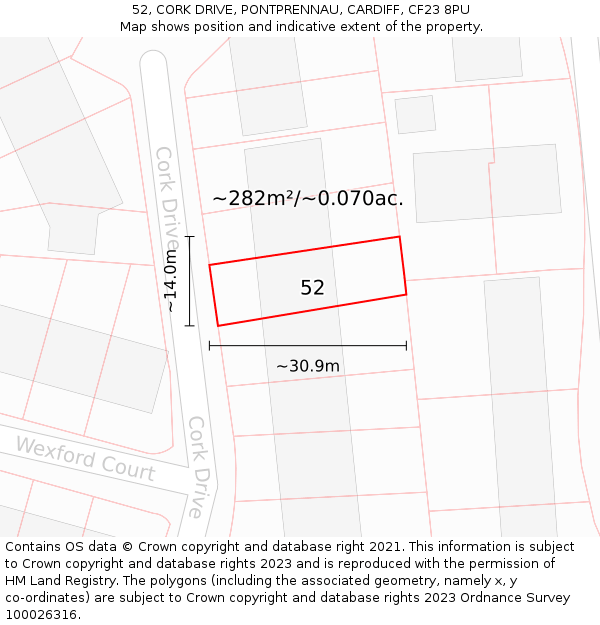 52, CORK DRIVE, PONTPRENNAU, CARDIFF, CF23 8PU: Plot and title map
