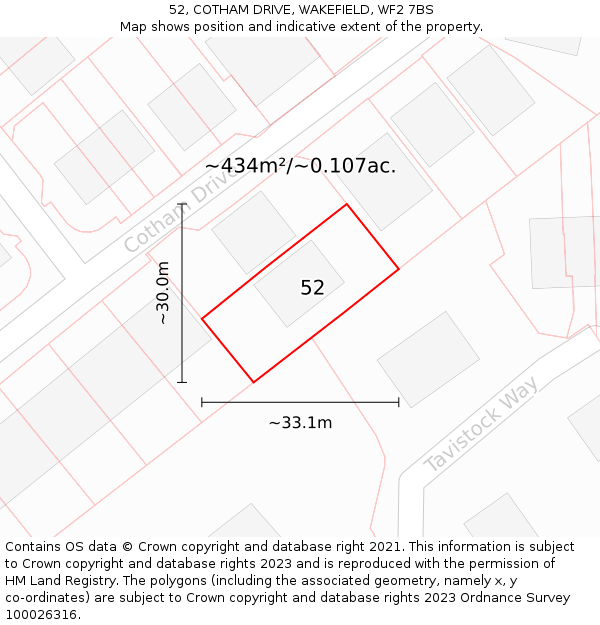 52, COTHAM DRIVE, WAKEFIELD, WF2 7BS: Plot and title map
