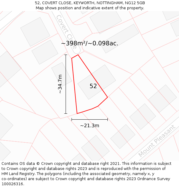 52, COVERT CLOSE, KEYWORTH, NOTTINGHAM, NG12 5GB: Plot and title map