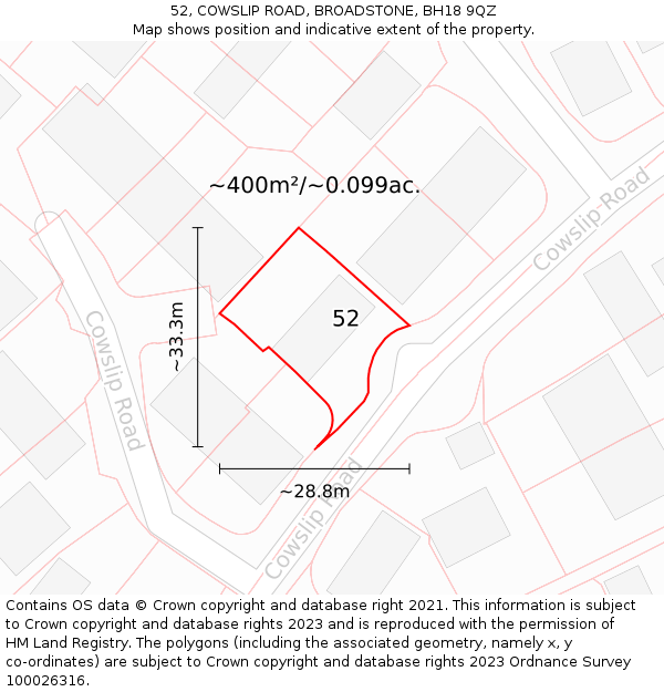 52, COWSLIP ROAD, BROADSTONE, BH18 9QZ: Plot and title map