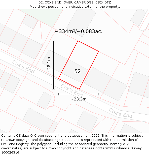 52, COXS END, OVER, CAMBRIDGE, CB24 5TZ: Plot and title map