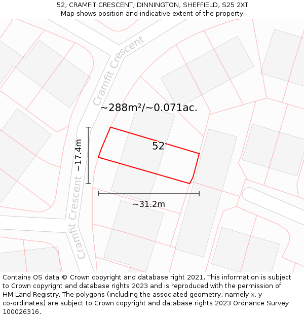 52, CRAMFIT CRESCENT, DINNINGTON, SHEFFIELD, S25 2XT: Plot and title map