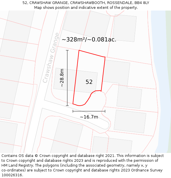 52, CRAWSHAW GRANGE, CRAWSHAWBOOTH, ROSSENDALE, BB4 8LY: Plot and title map