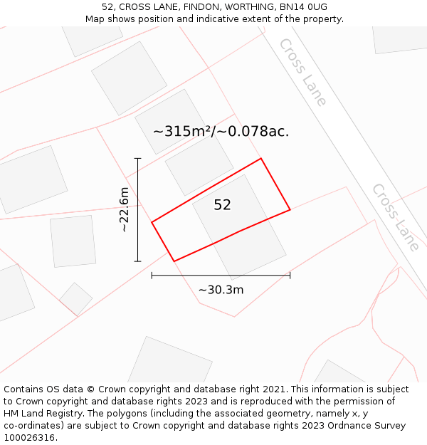 52, CROSS LANE, FINDON, WORTHING, BN14 0UG: Plot and title map