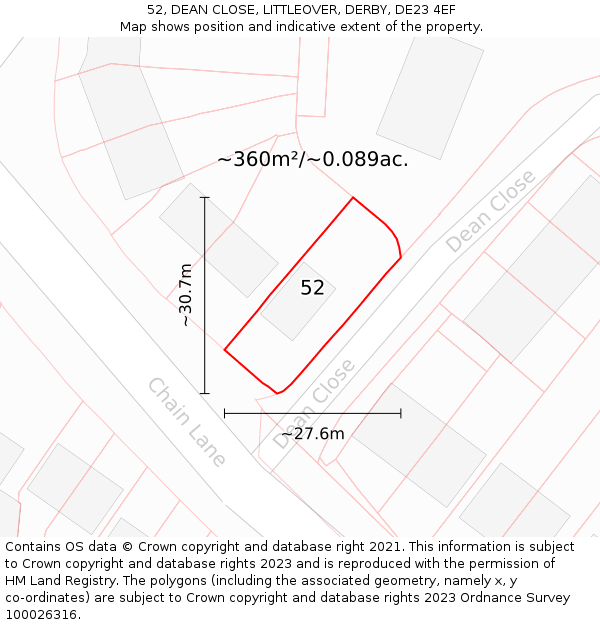 52, DEAN CLOSE, LITTLEOVER, DERBY, DE23 4EF: Plot and title map