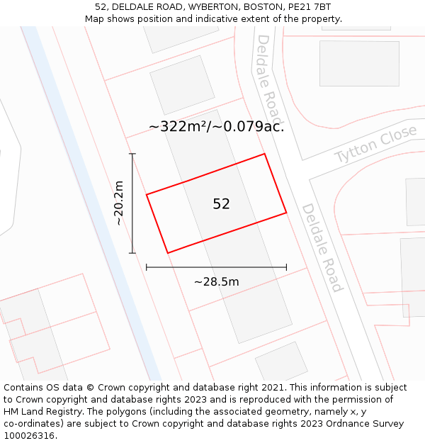 52, DELDALE ROAD, WYBERTON, BOSTON, PE21 7BT: Plot and title map