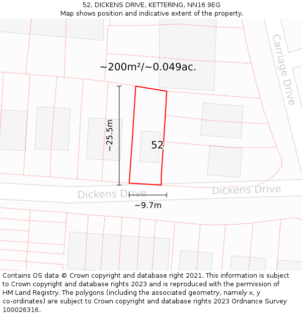 52, DICKENS DRIVE, KETTERING, NN16 9EG: Plot and title map