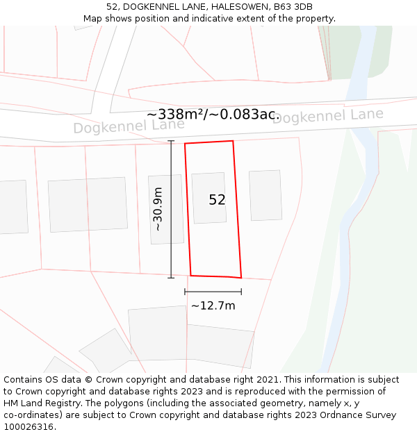 52, DOGKENNEL LANE, HALESOWEN, B63 3DB: Plot and title map