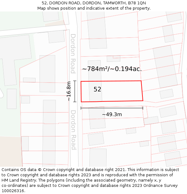 52, DORDON ROAD, DORDON, TAMWORTH, B78 1QN: Plot and title map