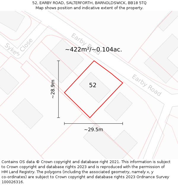 52, EARBY ROAD, SALTERFORTH, BARNOLDSWICK, BB18 5TQ: Plot and title map