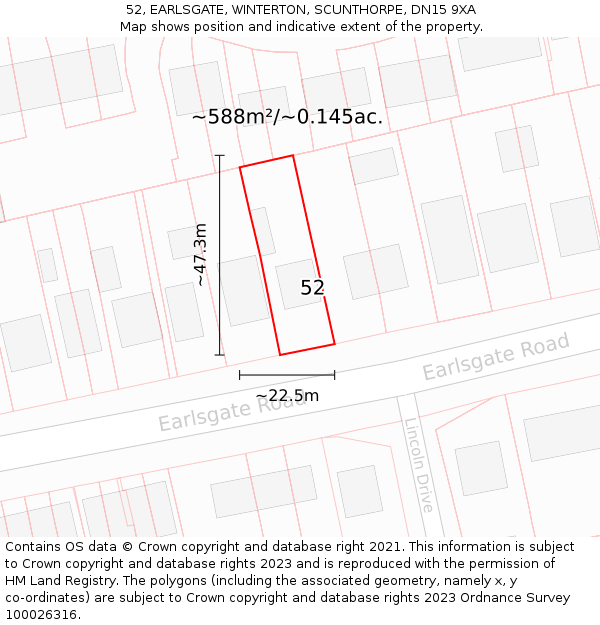 52, EARLSGATE, WINTERTON, SCUNTHORPE, DN15 9XA: Plot and title map