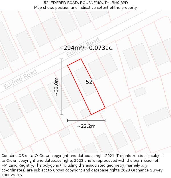 52, EDIFRED ROAD, BOURNEMOUTH, BH9 3PD: Plot and title map