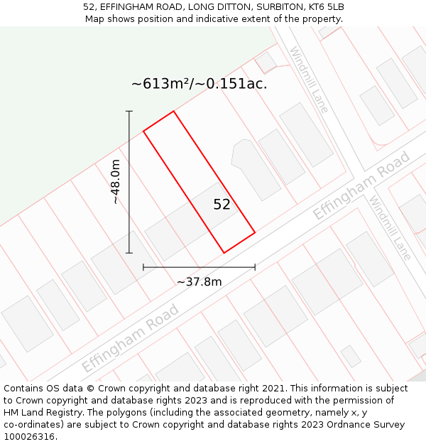 52, EFFINGHAM ROAD, LONG DITTON, SURBITON, KT6 5LB: Plot and title map