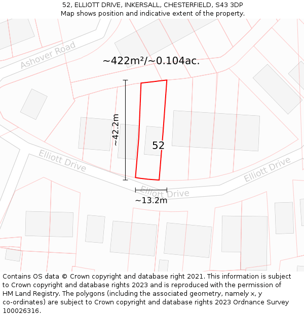 52, ELLIOTT DRIVE, INKERSALL, CHESTERFIELD, S43 3DP: Plot and title map