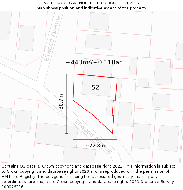 52, ELLWOOD AVENUE, PETERBOROUGH, PE2 8LY: Plot and title map