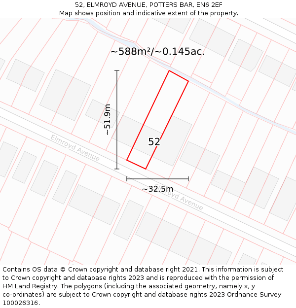 52, ELMROYD AVENUE, POTTERS BAR, EN6 2EF: Plot and title map