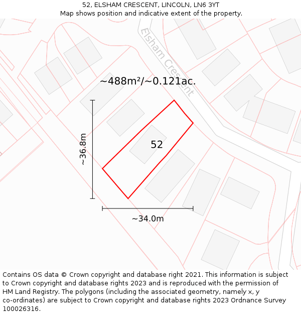 52, ELSHAM CRESCENT, LINCOLN, LN6 3YT: Plot and title map