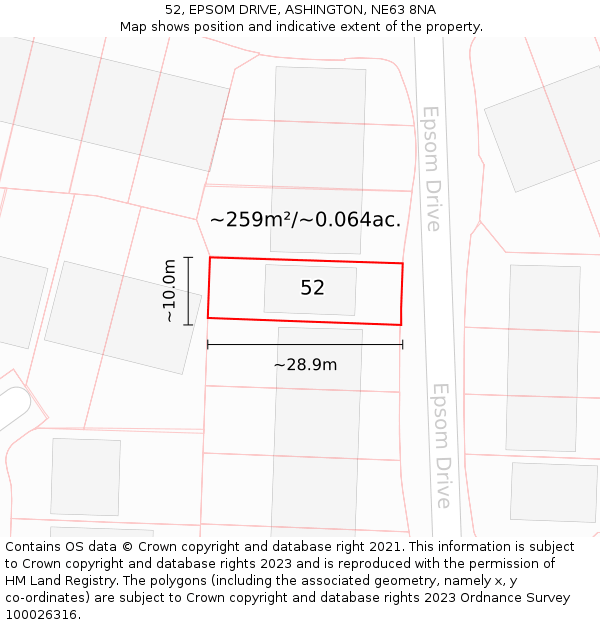 52, EPSOM DRIVE, ASHINGTON, NE63 8NA: Plot and title map