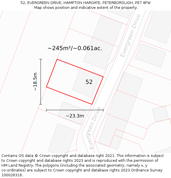 52, EVERGREEN DRIVE, HAMPTON HARGATE, PETERBOROUGH, PE7 8FW: Plot and title map