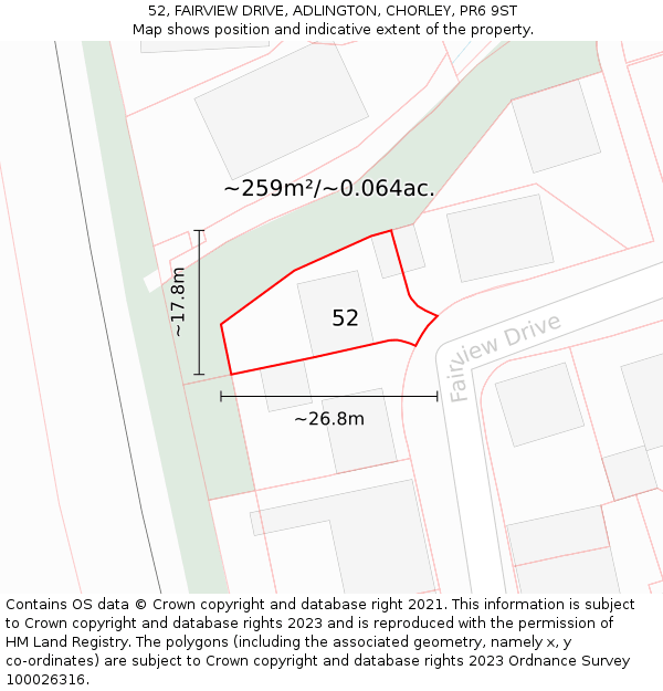52, FAIRVIEW DRIVE, ADLINGTON, CHORLEY, PR6 9ST: Plot and title map