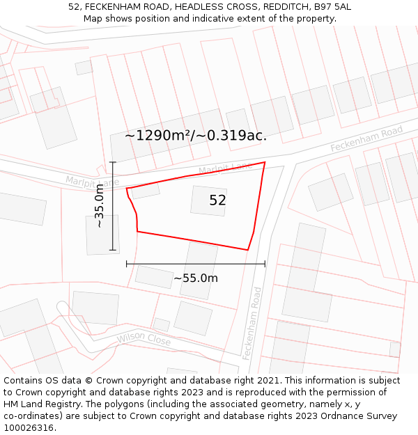 52, FECKENHAM ROAD, HEADLESS CROSS, REDDITCH, B97 5AL: Plot and title map