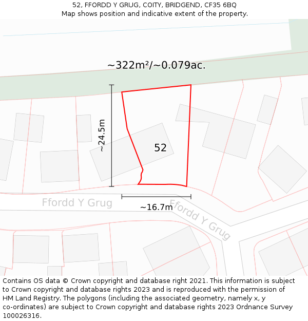 52, FFORDD Y GRUG, COITY, BRIDGEND, CF35 6BQ: Plot and title map